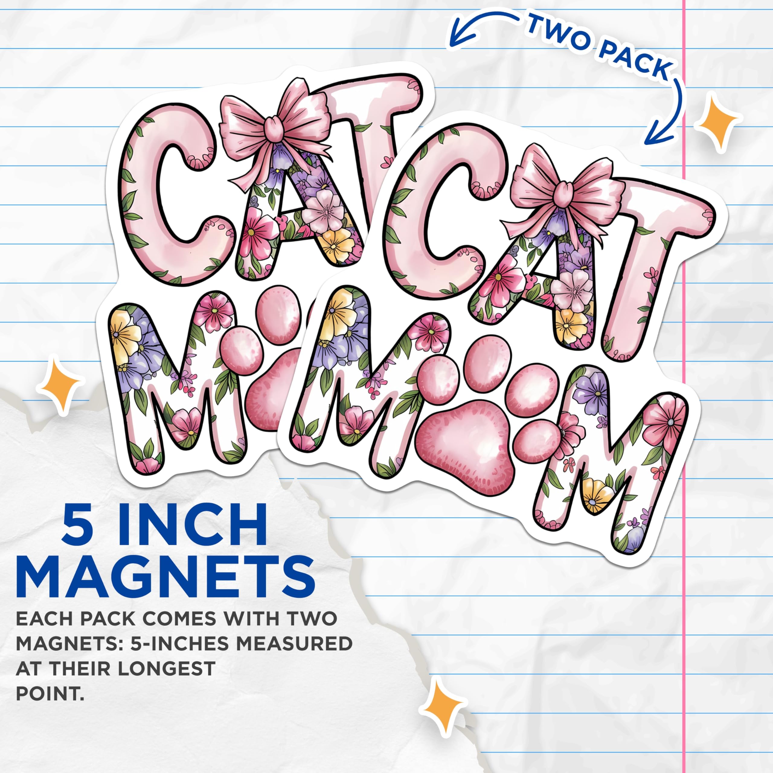 (2 Pack) Cat Mom Floral Magnets - Sweet Pet Lover Paw Print - Refrigerator Accessory - Animal Themed Kitchen Decor - 5 Inches On Longest Side - Thick Durable Magnet - Made in USA - MAG22085
