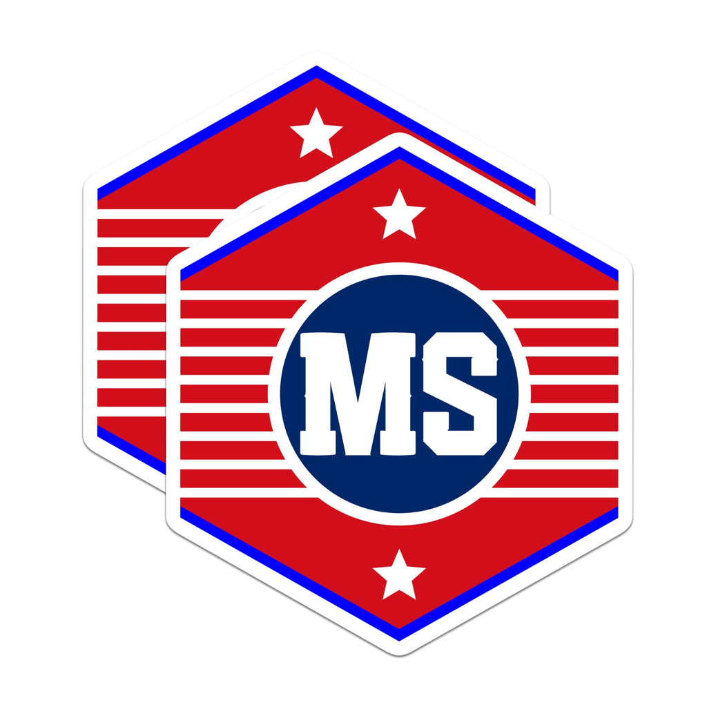 (2 Pack) MS Initial Stickers - Letter Logo Stickers - Red Blue White Sticker - 5" On Longest Side - Sticks to Smooth Flat Surfaces - Made in USA - BMCS17431