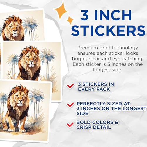 (3 Pack) Lion Decals - Animal Stickers - Laptop Decals - 3 Inches On Longest Side - Easy Peel & Apply - Made in USA - 3MCS7459