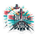 (2 Pack) Run The Race with Jesus Stickers - Motivational Faith Stickers - Christian Inspirational Stickers - 5" On Longest Side - Sticks to Smooth Flat Surfaces - Made in USA - BMCS9642