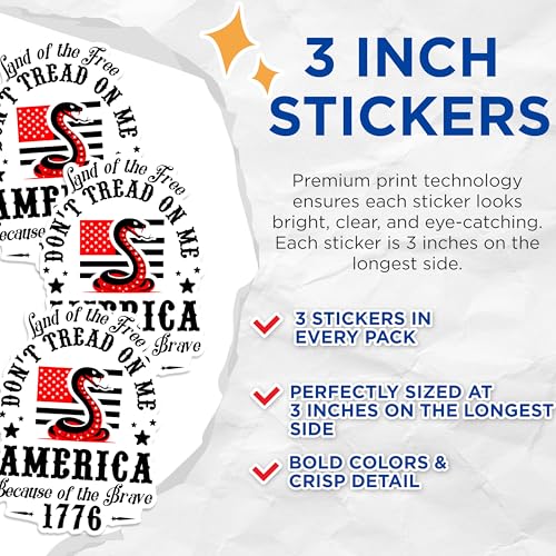 (3 Pack) Don't Tread On Me Decals - Patriotic Snake - 1776 America - 3 Inches On Longest Side - Easy Peel & Apply - Made in USA - 3MCS1313