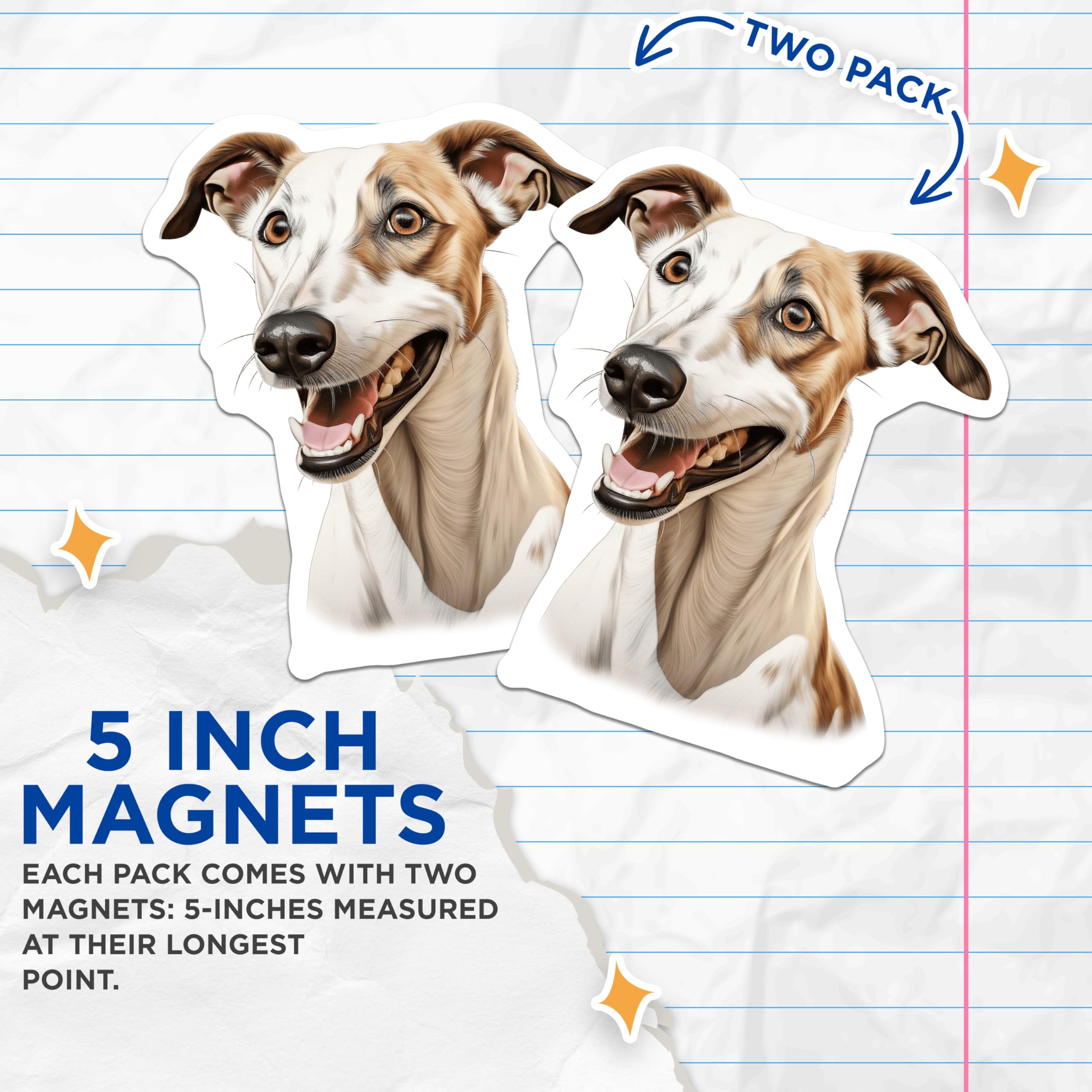 (2 Pack) Happy Greyhound Magnets - Smiling Whippet Dog Art - Pet Animal Lover Decor for Dog Mom Dad Home Fridge - 5 Inches On Longest Side - Thick Durable Magnet - Made in USA - MAG23808