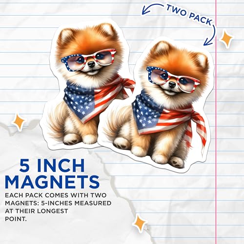 (2 Pack) Cute Dog Magnets - Pomeranian with Glasses - American Flag Bandana - 5" On Longest Side - for Cars, Fridges, Toolboxes - Made in USA - MAG7261
