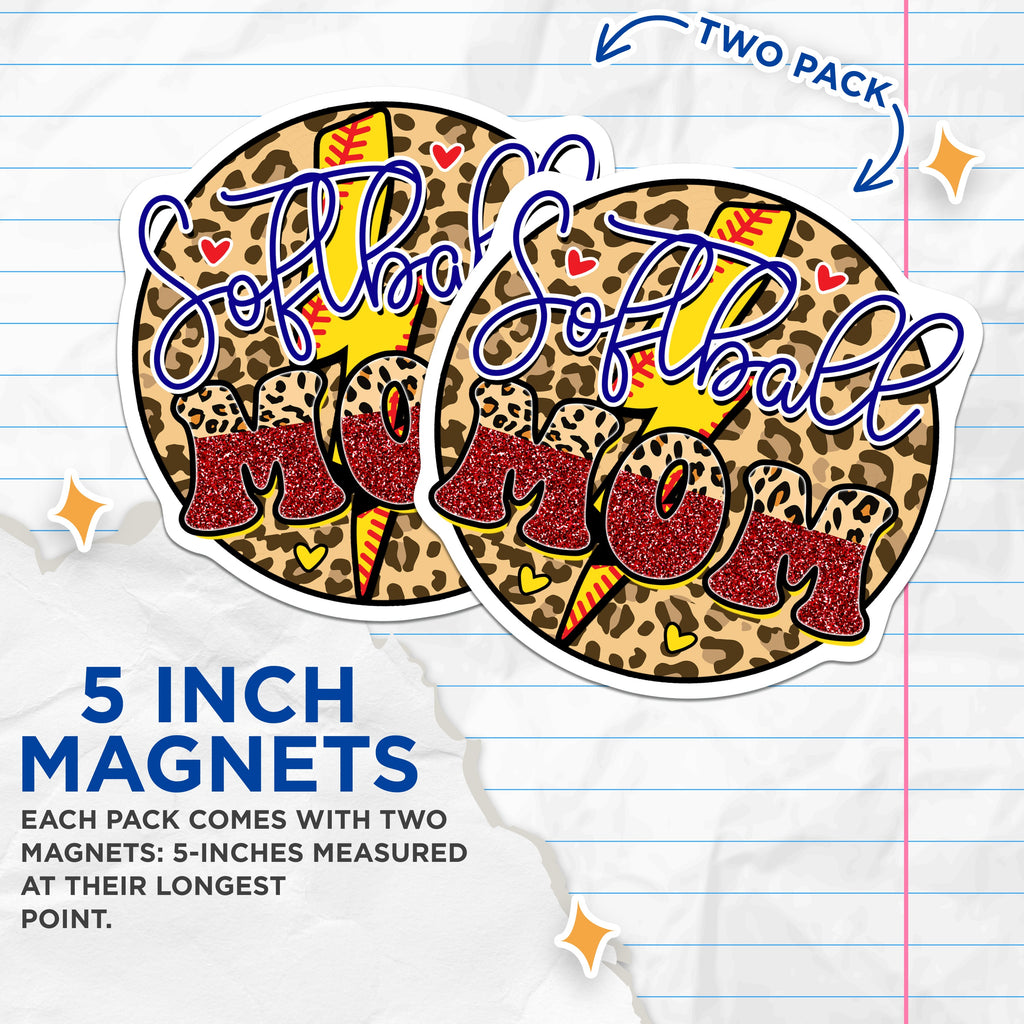 (2 Pack) Softball Mom Magnets - Leopard Print Team Spirit - Game Day Accessory - Refrigerator Locker Car Magnets - 5 Inches On Longest Side - Thick Durable Magnet - Made in USA - MAG38703