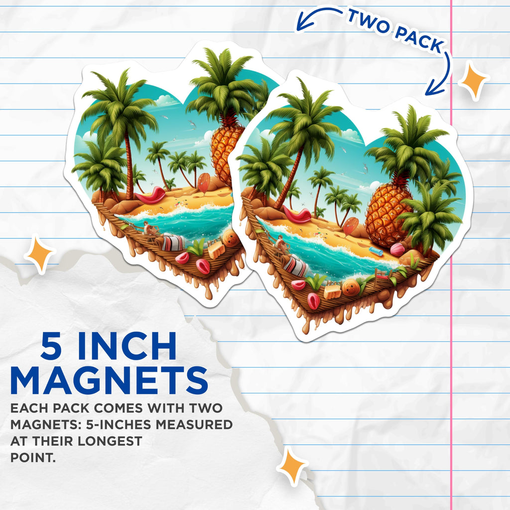 (2 Pack) Tropical Island Magnets - Heart Shaped Beach Scene - Palm Tree Pineapple Ocean Decor - Summer Vacation Aesthetic - 5 Inches On Longest Side - Thick Durable Magnet - Made in USA - MAG19947