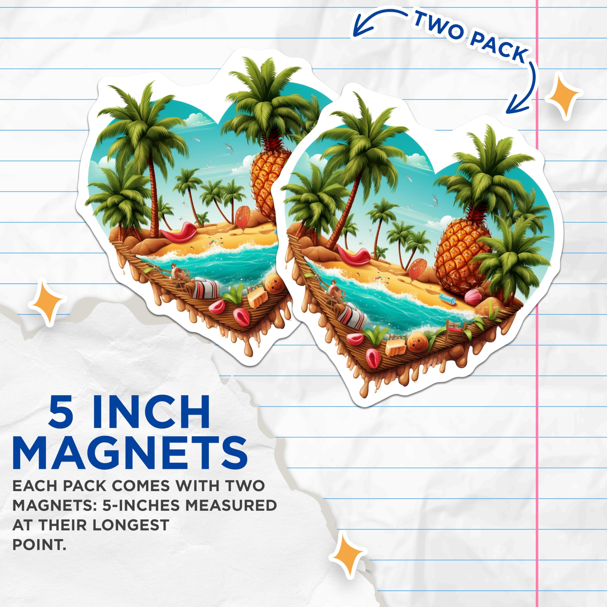 (2 Pack) Tropical Island Magnets - Heart Shaped Beach Scene - Palm Tree Pineapple Ocean Decor - Summer Vacation Aesthetic - 5 Inches On Longest Side - Thick Durable Magnet - Made in USA - MAG19947