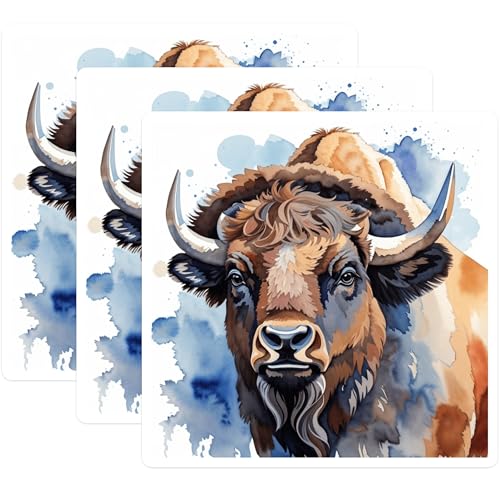 (3 Pack) Bison Decals - American Buffalo - Watercolor Art - 3 Inches On Longest Side - Easy Peel & Apply - Made in USA - 3MCS7444