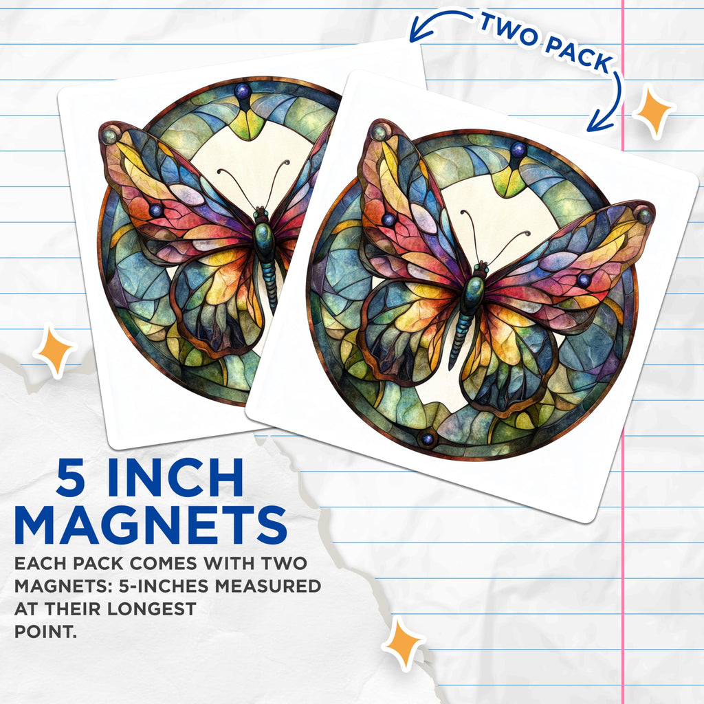 (2 Pack) Stained Glass Butterfly Magnets - Colorful Nature Art - Bohemian Kitchen Decor - 5 Inches On Longest Side - Thick Durable Magnet - Made in USA - MAG30467