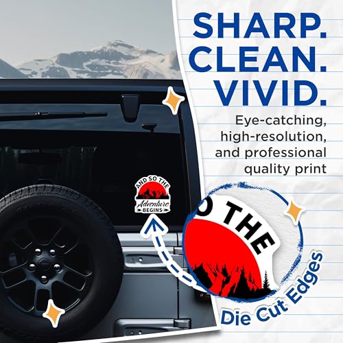 (2 Pack) Adventure Begins Stickers - Mountain Theme - Travel Quote - 5" On Longest Side - Sticks to Smooth Flat Surfaces - Made in USA - BMCS8513