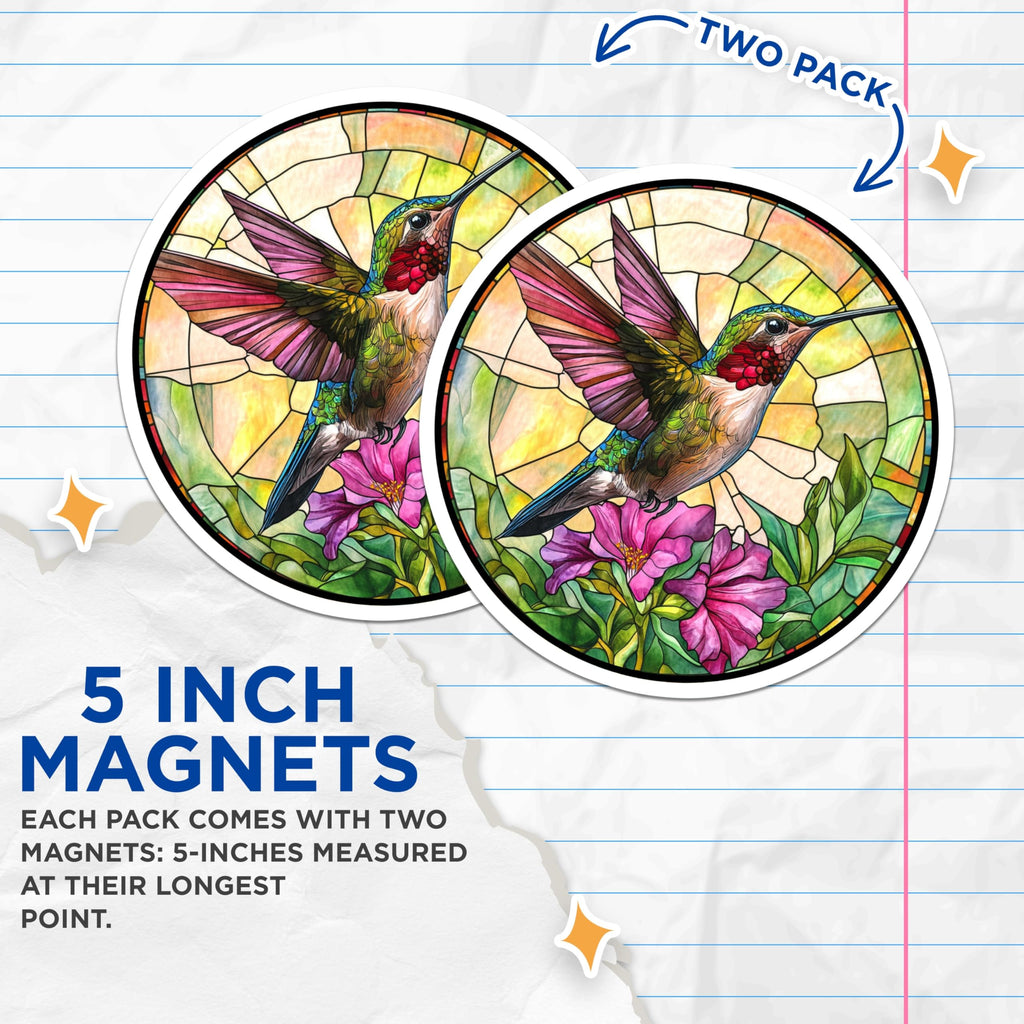 (2 Pack) Hummingbird Stained Glass Magnets - Nature Art Fridge Magnets - Vibrant Bird Lover Decor - 5 Inches On Longest Side - Thick Durable Magnet - Made in USA - MAG30859