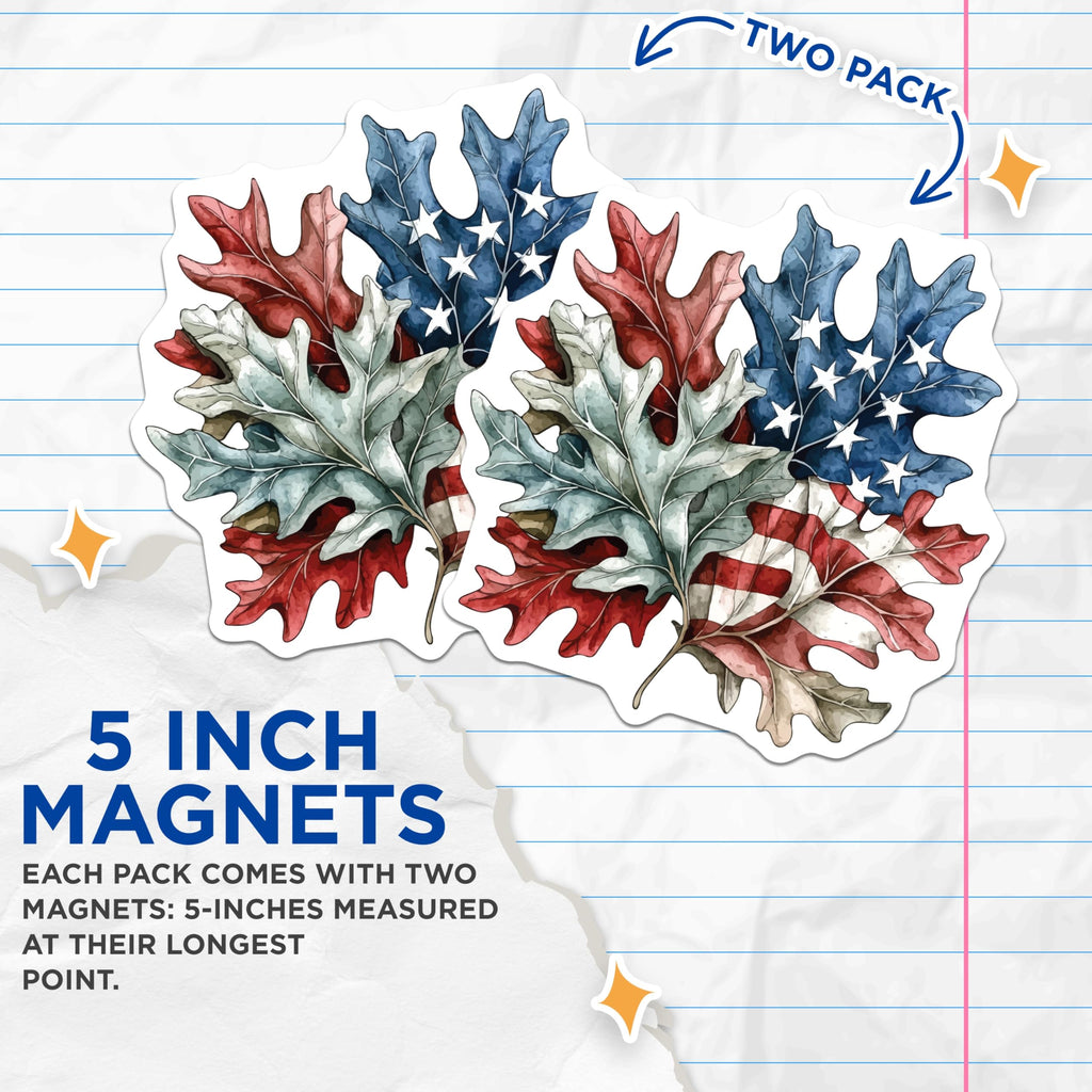 (2 Pack) American Flag Leaf Magnets - Patriotic Oak Foliage Decor - USA Pride Autumn Emblem - 5 Inches On Longest Side - Thick Durable Magnet - Made in USA - MAG19926