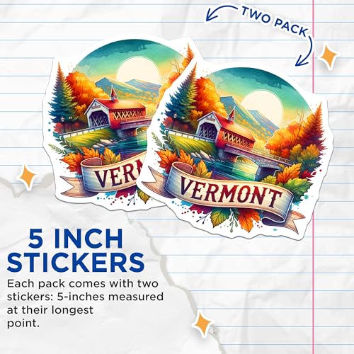 (2 Pack) Vermont Stickers - Scenic Nature Decals - Autumn Landscape Artwork - 5" On Longest Side - Sticks to Smooth Flat Surfaces - Made in USA - BMCS7018