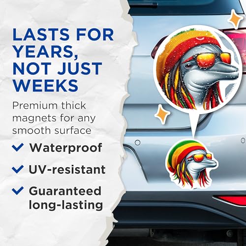 (2 Pack) Dolphin Reggae Magnets - Cool Rasta Dolphin Magnet - Fun Animal Magnets for Fridge - Funky Magnet - 5" On Longest Side - for Cars, Fridges, Toolboxes - Made in USA - MAG4381
