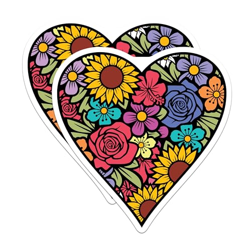 (2 Pack) Floral Heart Stickers - Colorful Flower Graphics - Spring Summer Plant Art Sticker - 5" On Longest Side - Sticks to Smooth Flat Surfaces - Made in USA - BMCS6077
