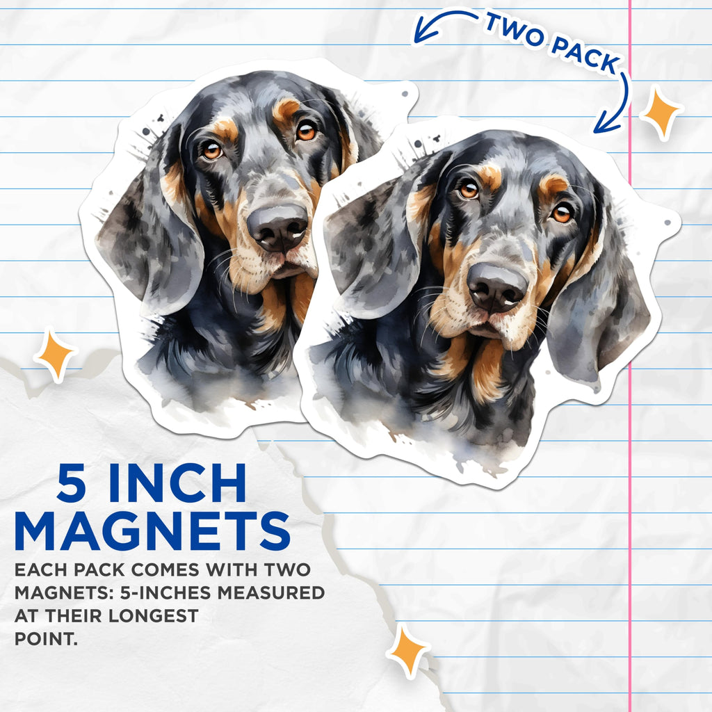 (2 Pack) Bluetick Coonhound Magnets - Unique Dog Art Print - Hound Breed Canine Decor - Pet Lover Refrigerator Accessory - 5 Inches On Longest Side - Thick Durable Magnet - Made in USA - MAG24722