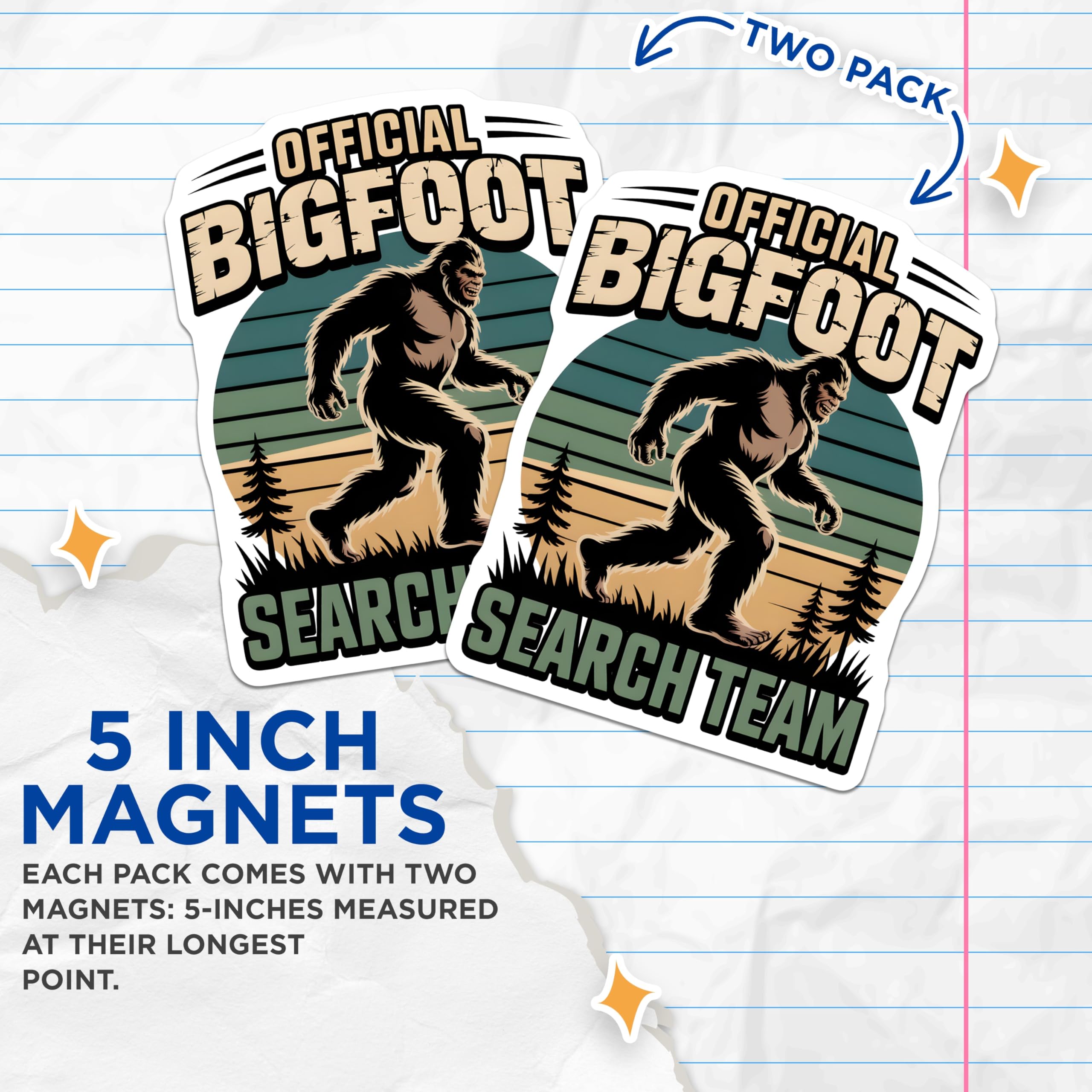 (2 Pack) Official Bigfoot Search Team Magnets - Sasquatch Cryptid Hunter - Paranormal Creature Squad Decor - 5 Inches On Longest Side - Thick Durable Magnet - Made in USA - MAG22036