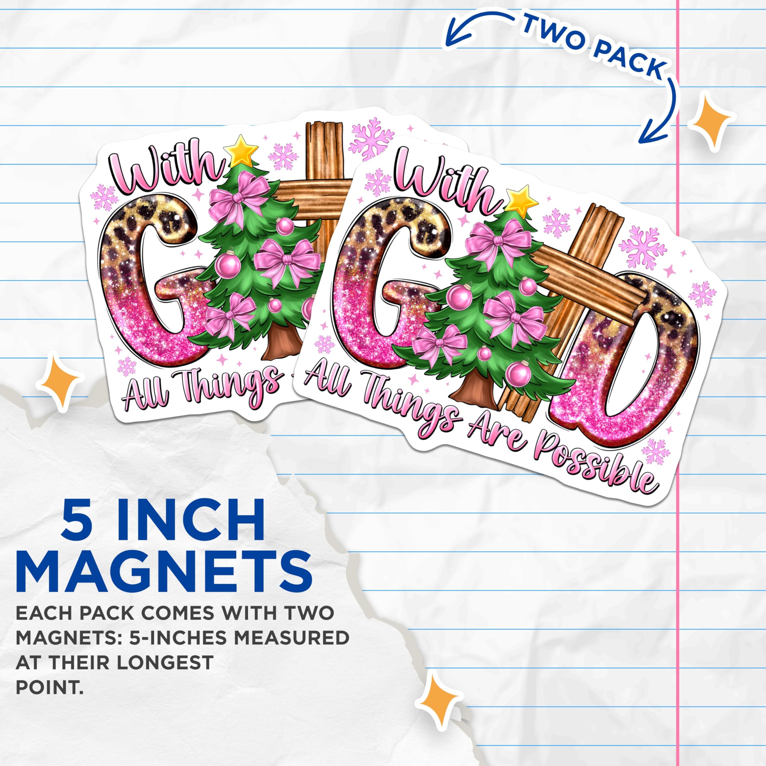 (2 Pack) with God All Things Possible Magnets - Christian Christmas Inspirational Decor - Pink Leopard Glitter Holiday - 5 Inches On Longest Side - Thick Durable Magnet - Made in USA - MAG23383