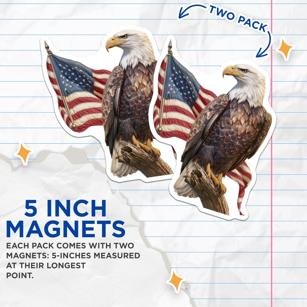 (2 Pack) Majestic Bald Eagle American Flag Magnets - Proud Patriotic USA Display - Freedom National Symbol Art - 5 Inches On Longest Side - Thick Durable Magnet - Made in USA - MAG20352