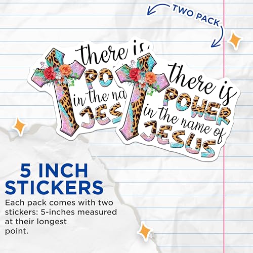 (2 Pack) Inspirational Cross Stickers - There is Power in The Name of Jesus - Religious Quote Stickers - 5" On Longest Side - Sticks to Smooth Flat Surfaces - Made in USA - BMCS5634
