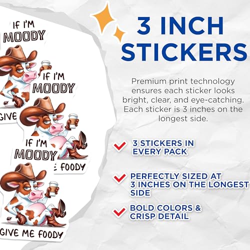 (3 Pack) Moody Cow Decals - Funny Foodie - Western Cowgirl Laptop Decals - 3 Inches On Longest Side - Easy Peel & Apply - Made in USA - 3MCS8569