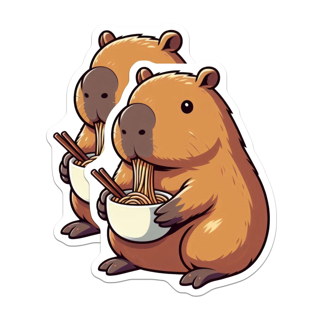 (2 Pack) Capybara Eating Noodles Stickers - Cute Animal Art - Fun Food Design - 5" On Longest Side - Sticks to Smooth Flat Surfaces - Made in USA - BMCS9909