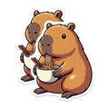 (2 Pack) Capybara Eating Noodles Stickers - Cute Animal Art - Fun Food Design - 5" On Longest Side - Sticks to Smooth Flat Surfaces - Made in USA - BMCS9909