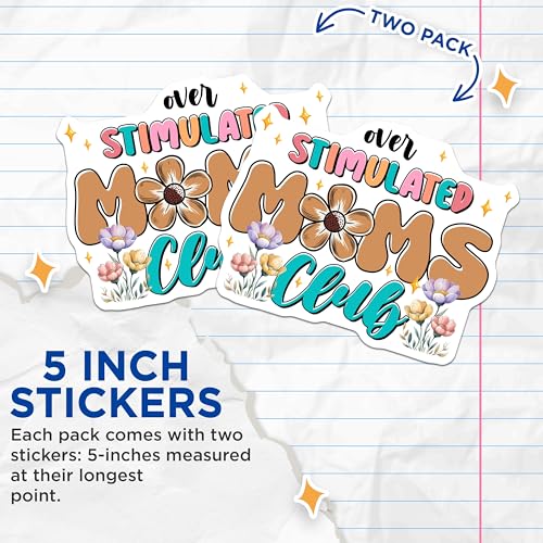 (2 Pack) Overstimulated Moms Club Stickers - Floral Cool Mom Decals - Fun Mom Humor for Water Bottles Laptops - 5" On Longest Side - Sticks to Smooth Flat Surfaces - Made in USA - BMCS7708