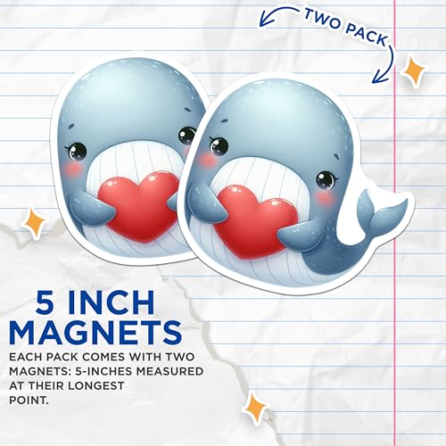 (2 Pack) Cute Whale Holding Heart Magnets - Cartoon Whale Decal - Cute Animal for Kids Room - Adorable Whale Art Magnets - 5" On Longest Side - for Cars, Fridges, Toolboxes - Made in USA - MAG3639