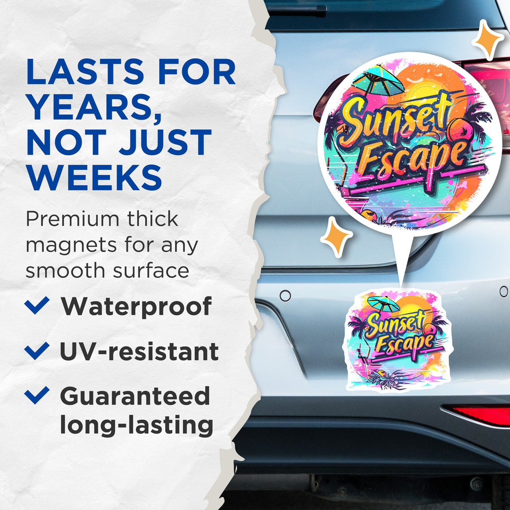 (2 Pack) Sunset Escape Magnets - Retro Summer Decor - Tropical Beach Vacation Art - 5 Inches On Longest Side - Thick Durable Magnet - Made in USA - MAG39913