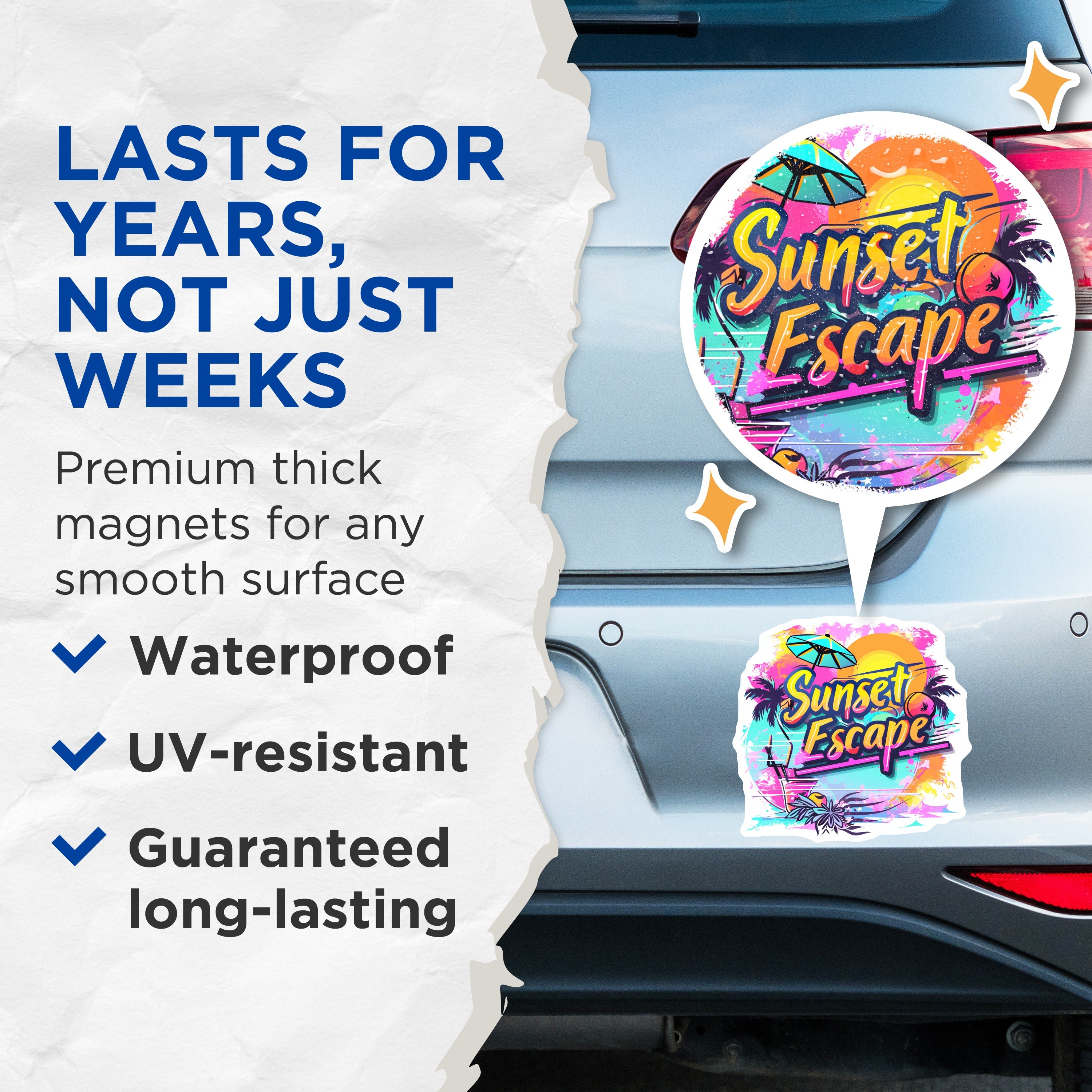 (2 Pack) Sunset Escape Magnets - Retro Summer Decor - Tropical Beach Vacation Art - 5 Inches On Longest Side - Thick Durable Magnet - Made in USA - MAG39913