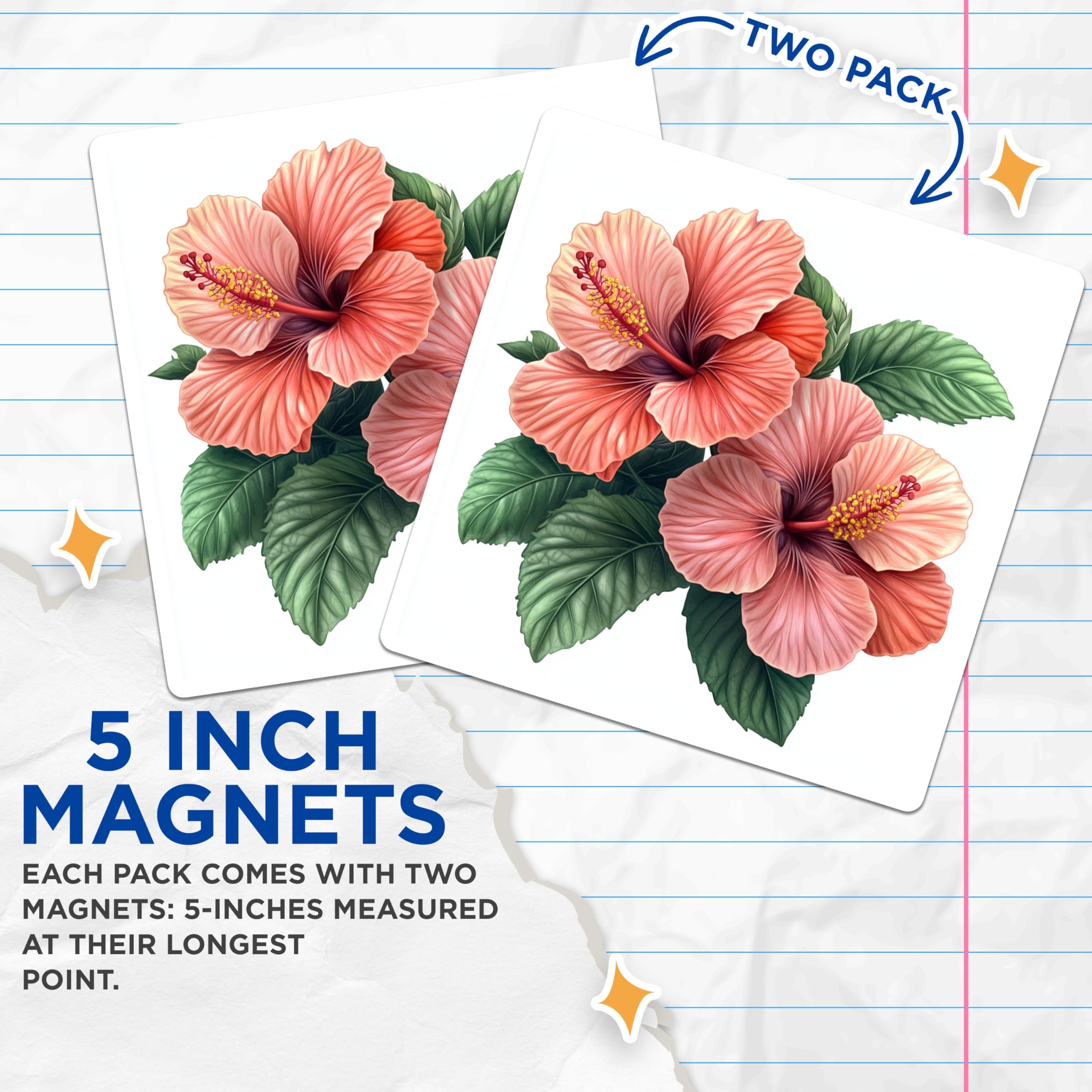 (2 Pack) Pink Hibiscus Magnets - Tropical Flower Decor - Summer Kitchen Accent - 5 Inches On Longest Side - Thick Durable Magnet - Made in USA - MAG29272