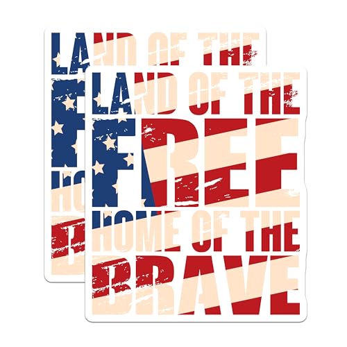 (2 Pack) Patriotic Stickers - Land of The Free - Home of The Brave - American Flag Stickers - 5" On Longest Side - Sticks to Smooth Flat Surfaces - Made in USA - BMCS5135