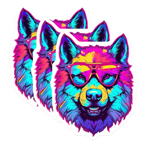 (3 Pack) Cool Dog Decals - Colorful Wolf Stickers - Laptop Decal Art - 3 Inches On Longest Side - Easy Peel & Apply - Made in USA - 3MCS6006