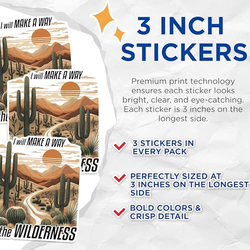 (3 Pack) Desert Landscape Decals - Cacti Silhouette Art - Inspirational Quote Decals - 3 Inches On Longest Side - Easy Peel & Apply - Made in USA - 3MCS1628