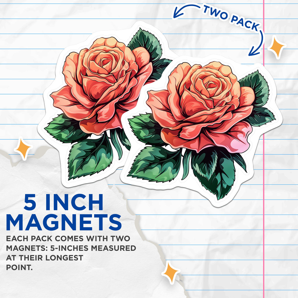 (2 Pack) Rose Flower Magnets - Botanical Decor - Aesthetic Fridge Art - 5 Inches On Longest Side - Thick Durable Magnet - Made in USA - MAG39986