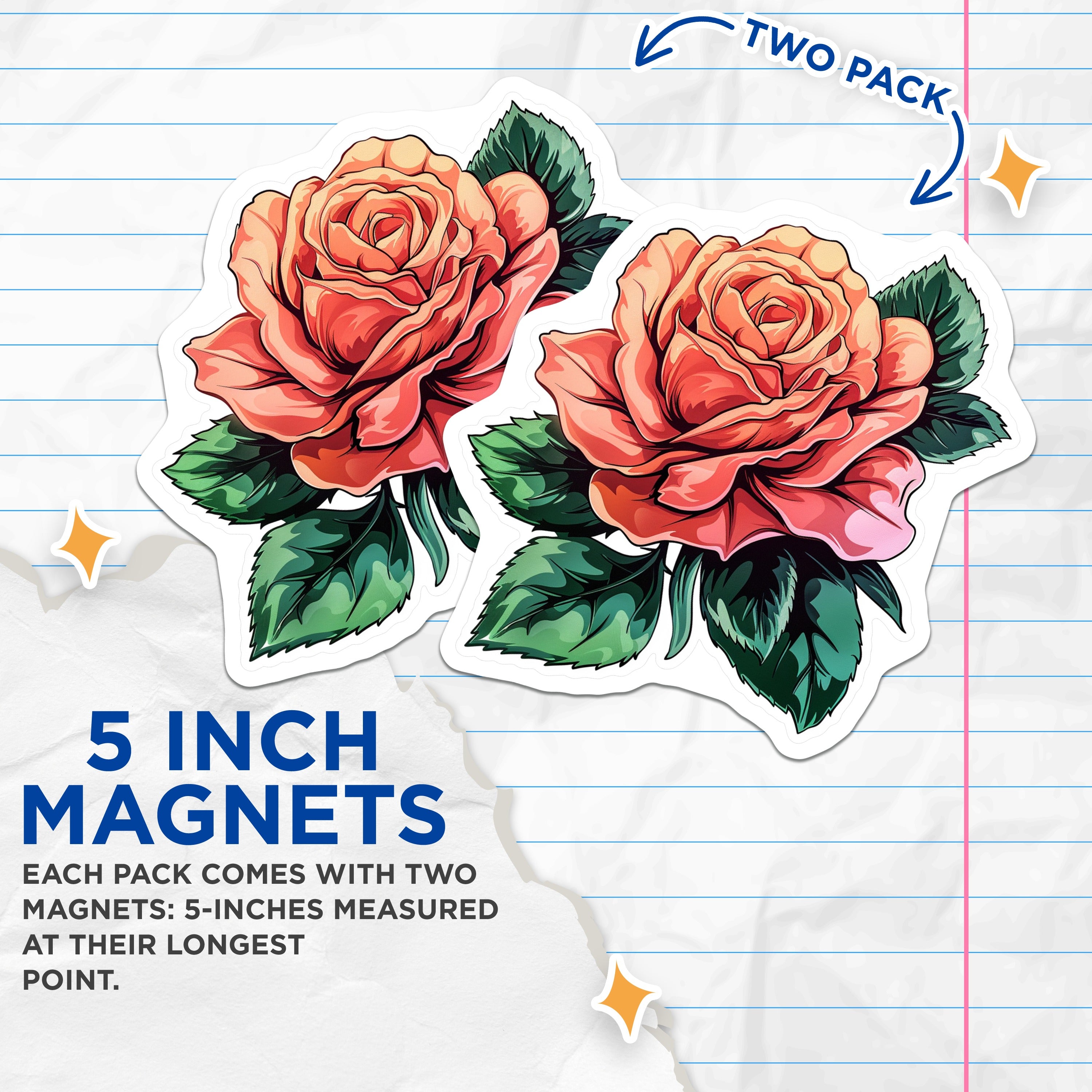 (2 Pack) Rose Flower Magnets - Botanical Decor - Aesthetic Fridge Art - 5 Inches On Longest Side - Thick Durable Magnet - Made in USA - MAG39986