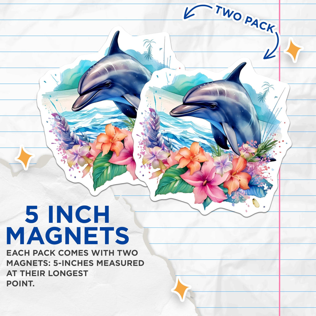 (2 Pack) Dolphin Magnets - Tropical Ocean Art - Watercolor Marine Life Decor - 5 Inches On Longest Side - Thick Durable Magnet - Made in USA - MAG20945