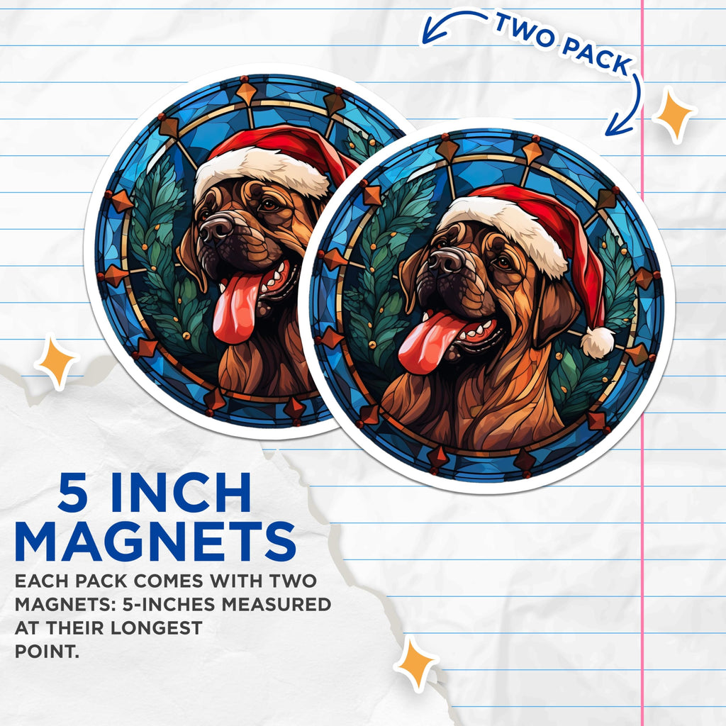 (2 Pack) Christmas Dog Magnets - Stained Glass Pet Lover Decor - Holiday Mastiff Fridge Accessories - Festive Canine Art - 5 Inches On Longest Side - Thick Durable Magnet - Made in USA - MAG26047