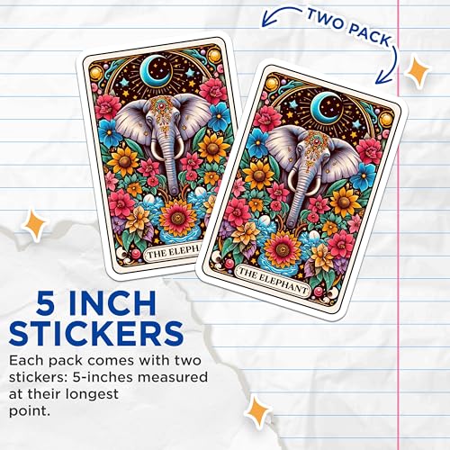 (2 Pack) Elephant Mandala Stickers - Boho Elephant Art - Colorful Bohemian Decor - 5" On Longest Side - Sticks to Smooth Flat Surfaces - Made in USA - BMCS4454