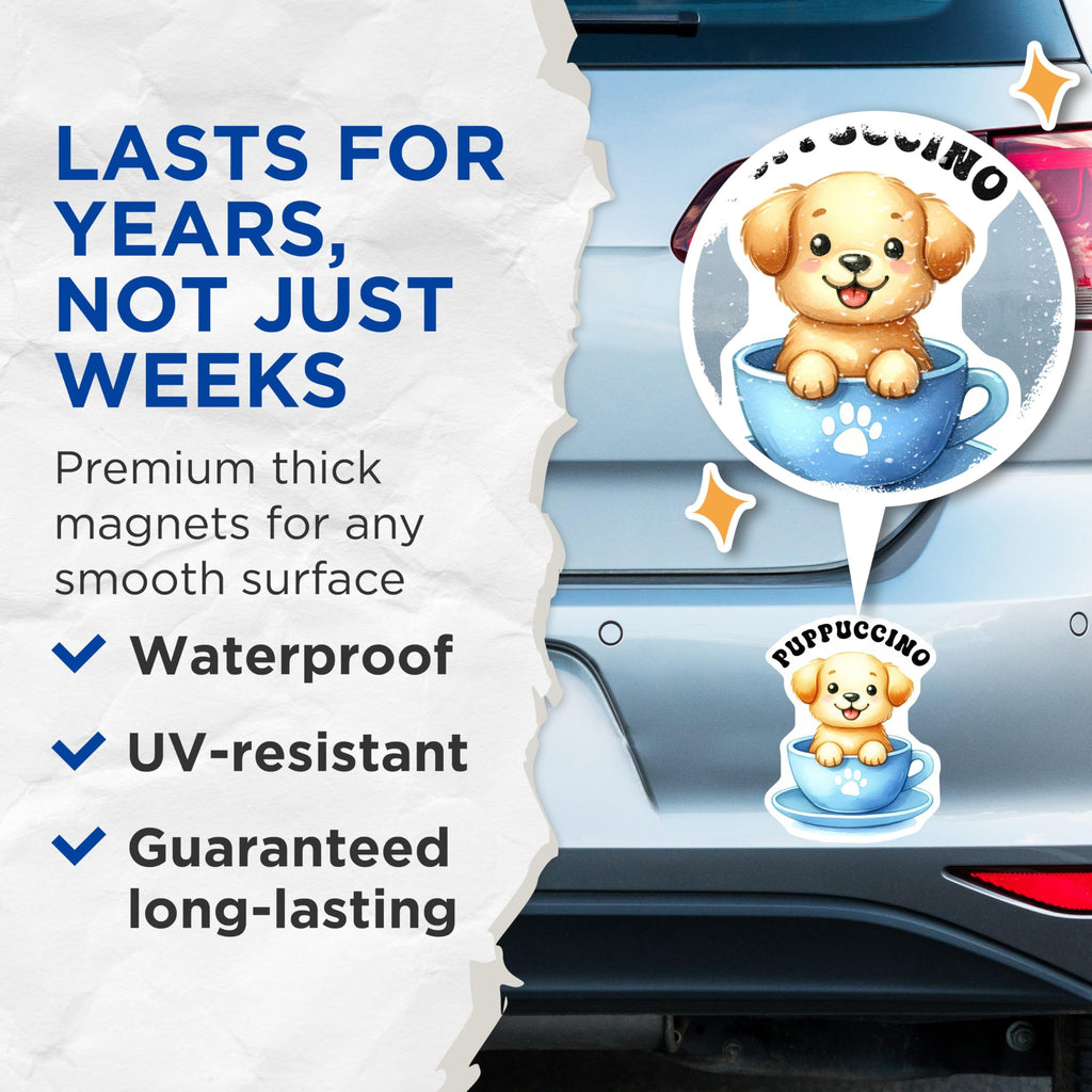 (2 Pack) Puppuccino Cute Puppy Magnets - Adorable Dog in Cup Magnets - Fun Puppy Kitchen Decor Magnets - 5" On Longest Side - for Cars, Refrigerators, Toolboxes, Lockers - Made in USA BMCS3295