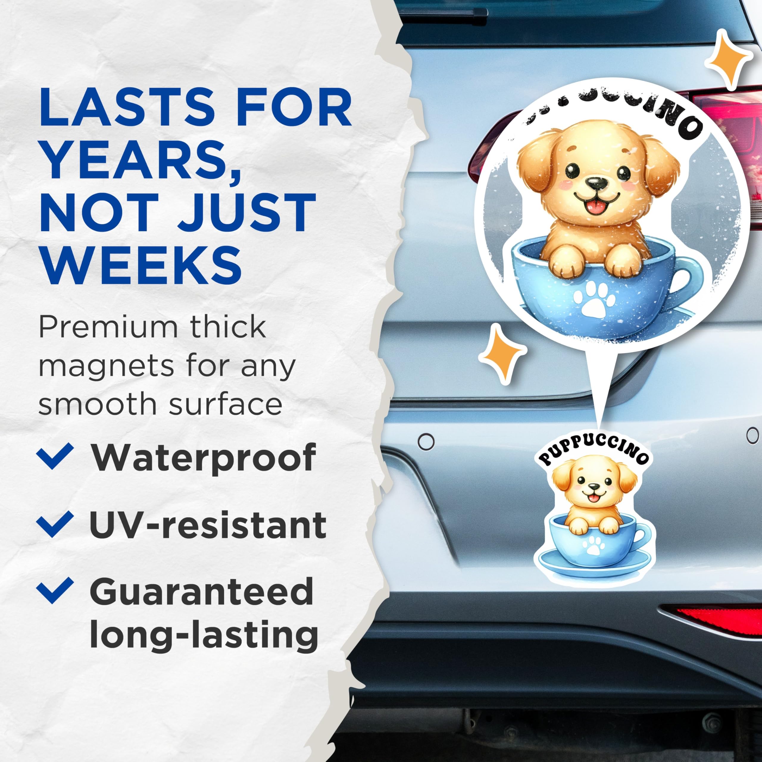 (2 Pack) Puppuccino Cute Puppy Magnets - Adorable Dog in Cup Magnets - Fun Puppy Kitchen Decor Magnets - 5" On Longest Side - for Cars, Refrigerators, Toolboxes, Lockers - Made in USA BMCS3295