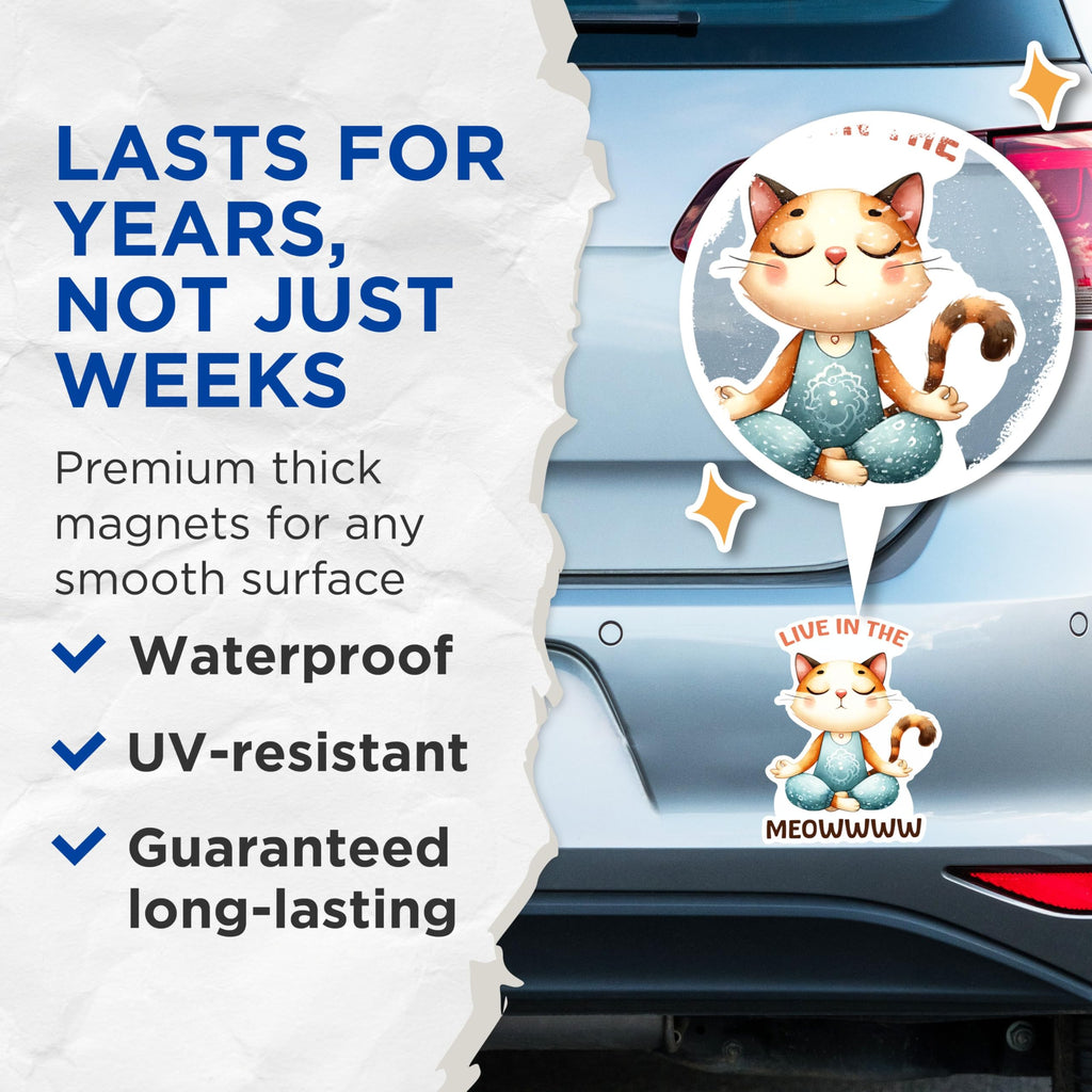 (2 Packs) Live in The Meowwww Magnets - Funny Meditating Cat Zen Cat Meditation Magnets - 5 Inches On Longest Side - Premium Magnet - for Fridges, Toolboxes, Cars - Made in USA - MAG2426