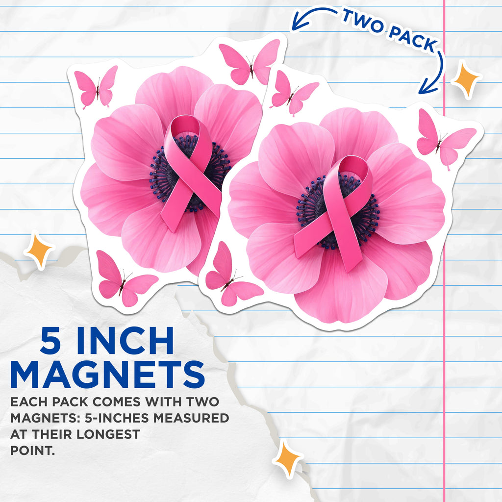 (2 Pack) Breast Cancer Awareness Magnets - Pink Ribbon Flower - Butterfly Survivor Support Decor - 5 Inches On Longest Side - Thick Durable Magnet - Made in USA - MAG36961