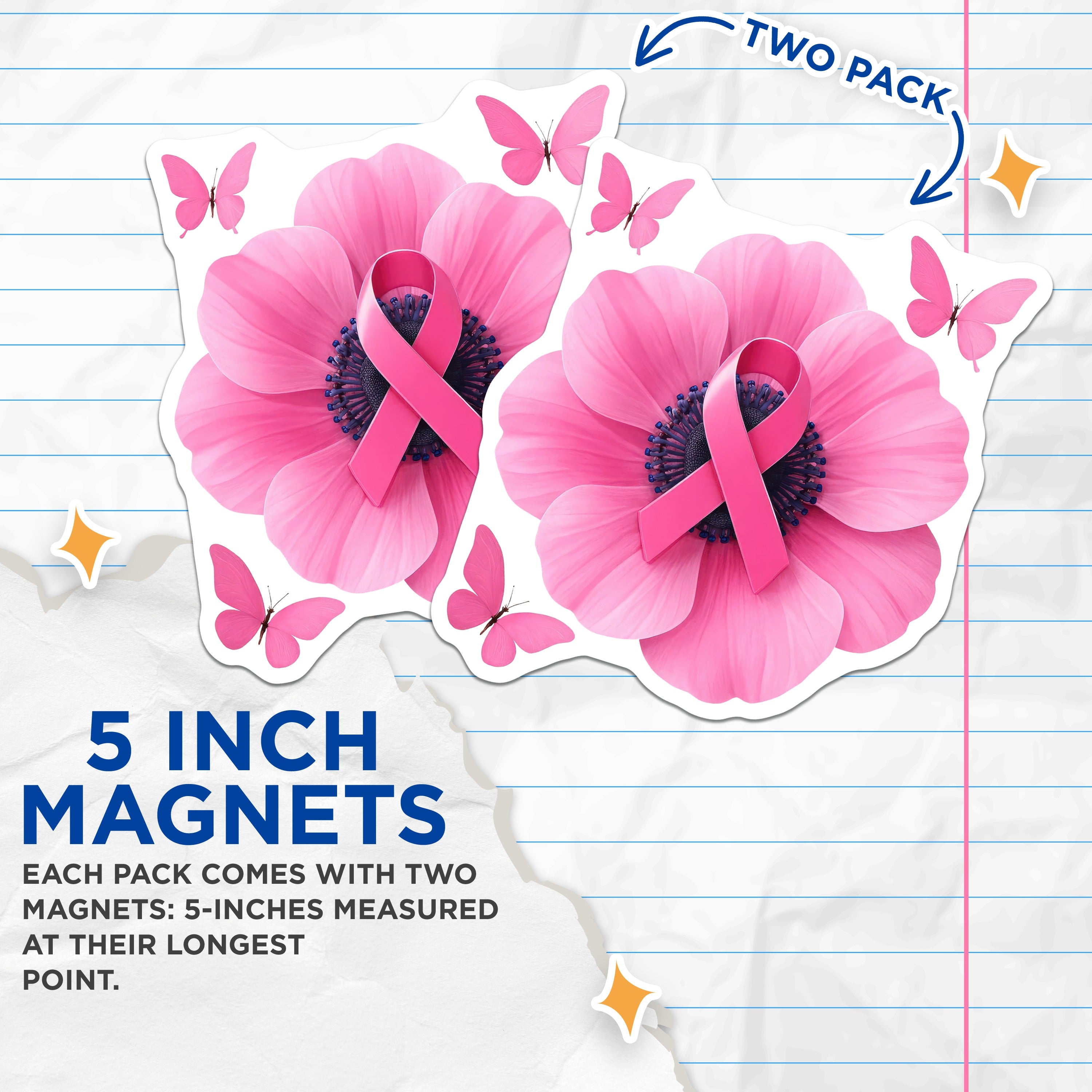 (2 Pack) Breast Cancer Awareness Magnets - Pink Ribbon Flower - Butterfly Survivor Support Decor - 5 Inches On Longest Side - Thick Durable Magnet - Made in USA - MAG36961