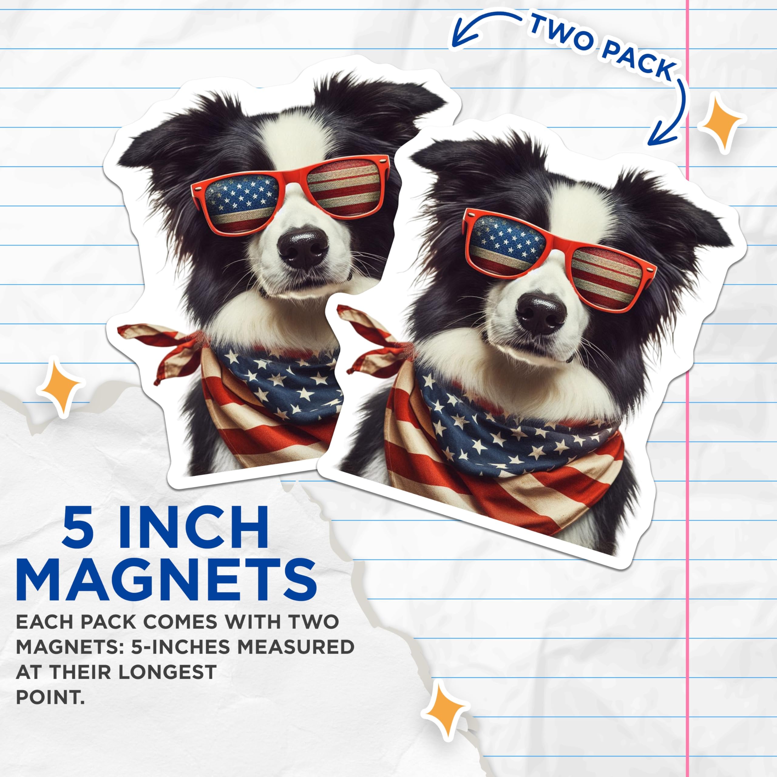 (2 Pack) Patriotic Dog Magnets - American Flag Sunglasses - Collie with Bandana - 5" On Longest Side - Premium Magnet - for Cars, Refrigerators, Toolboxes, Lockers - Made in USA - MAG14639