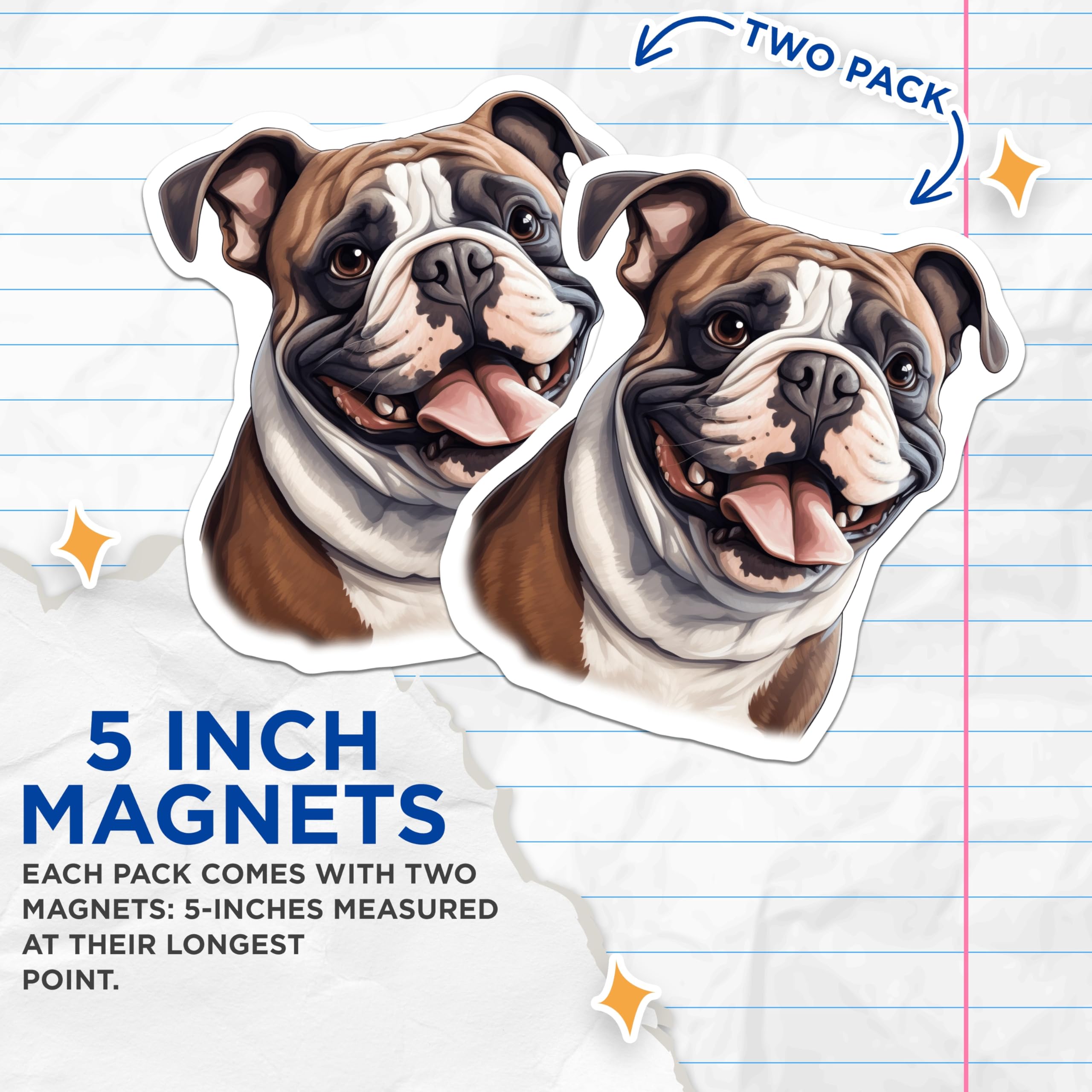 (2 Pack) Cute Bulldog Magnets - Happy Dog Lover Decor - Animal Art Fridge Accent - 5 Inches On Longest Side - Thick Durable Magnet - Made in USA - MAG29909