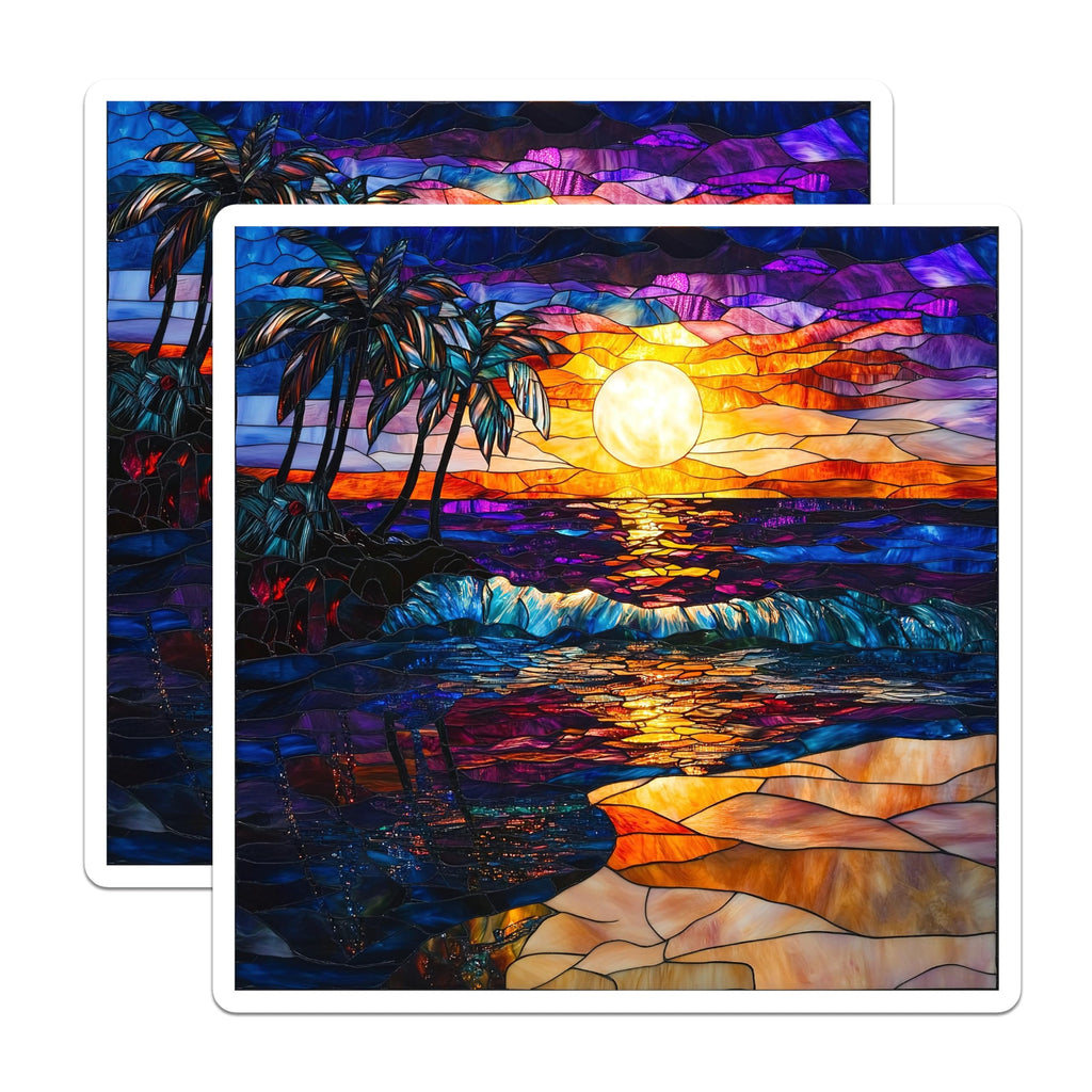 (2 Pack) Tropical Sunset Magnets - Stained Glass Ocean Decor - Beach House Fridge Art - 5 Inches On Longest Side - Thick Durable Magnet - Made in USA - MAG30405