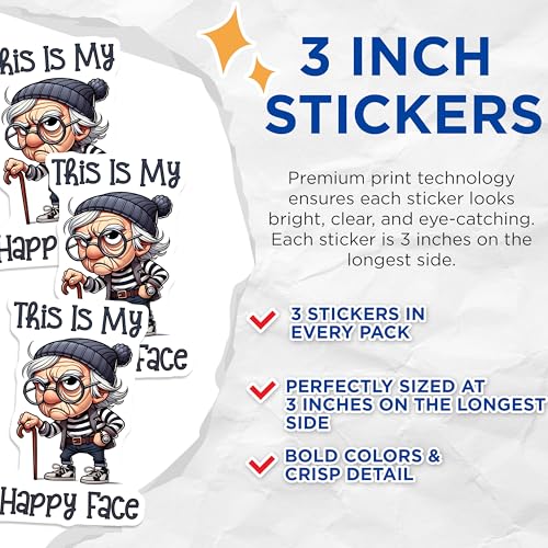 (3 Pack) This is My Happy Face Decals - Grumpy Old Man Sticker - Funny Elderly Decals - 3 Inches On Longest Side - Easy Peel & Apply - Made in USA - 3MCS7583