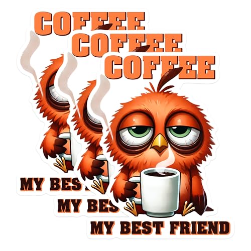 (3 Pack) Coffee Owl Decals - Laptop Decals - My Best Friend Design - 3 Inches On Longest Side - Easy Peel & Apply - Made in USA - 3MCS1583