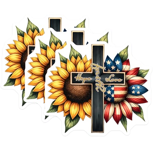 (3 Pack) American Sunflower Decals - Christian Cross Faith Love - Laptop Decal - 3 Inches On Longest Side - Easy Peel & Apply - Made in USA - 3MCS6753